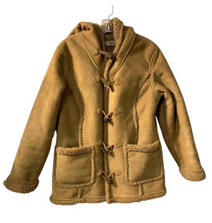 Vintage LL Bean Faux Suede Sherpa Lined Toggle Coat Petite Size SP PS Tan Preppy